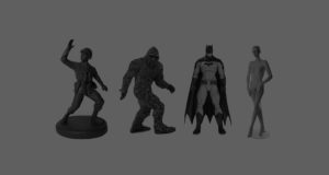 Four plastic figures: a toy soldier, big foot, batman, and a bald naked female mannequin