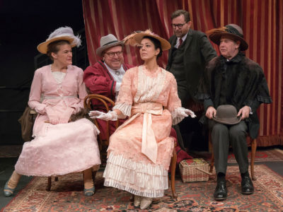 The cast of Pygmalion, Five actors on stage in Victorian Period Costumes