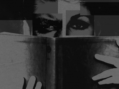 Black and white collage of eyes reading a book